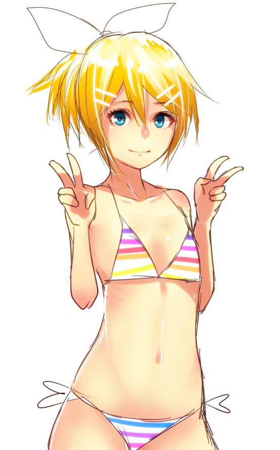 1girl, asanome, bikini, blonde_hair, blue_eyes, double_v, female_focus, flat_chest