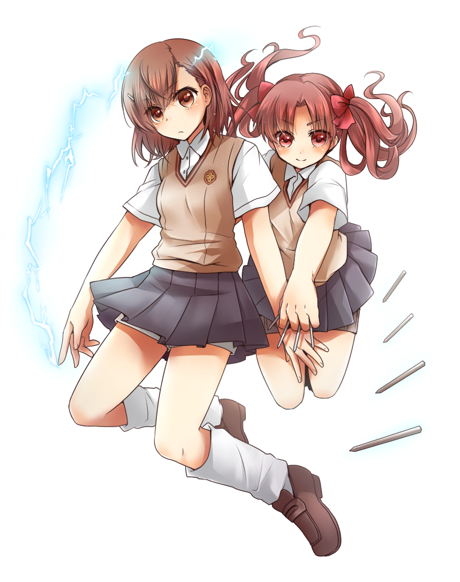 2girls, between_fingers, brown_eyes, brown_hair, electricity, electrokinesis, holding, holding_needle, ichiru, kneehighs, long_hair, misaka_mikoto, mita_(matsuri68), multiple_girls, needles_between_fingers, school_uniform, serafuku, shirai_kuroko, short_hair, shorts, socks, sweater_vest, toaru_kagaku_no_railgun, toaru_majutsu_no_index, twintails, v-neck
