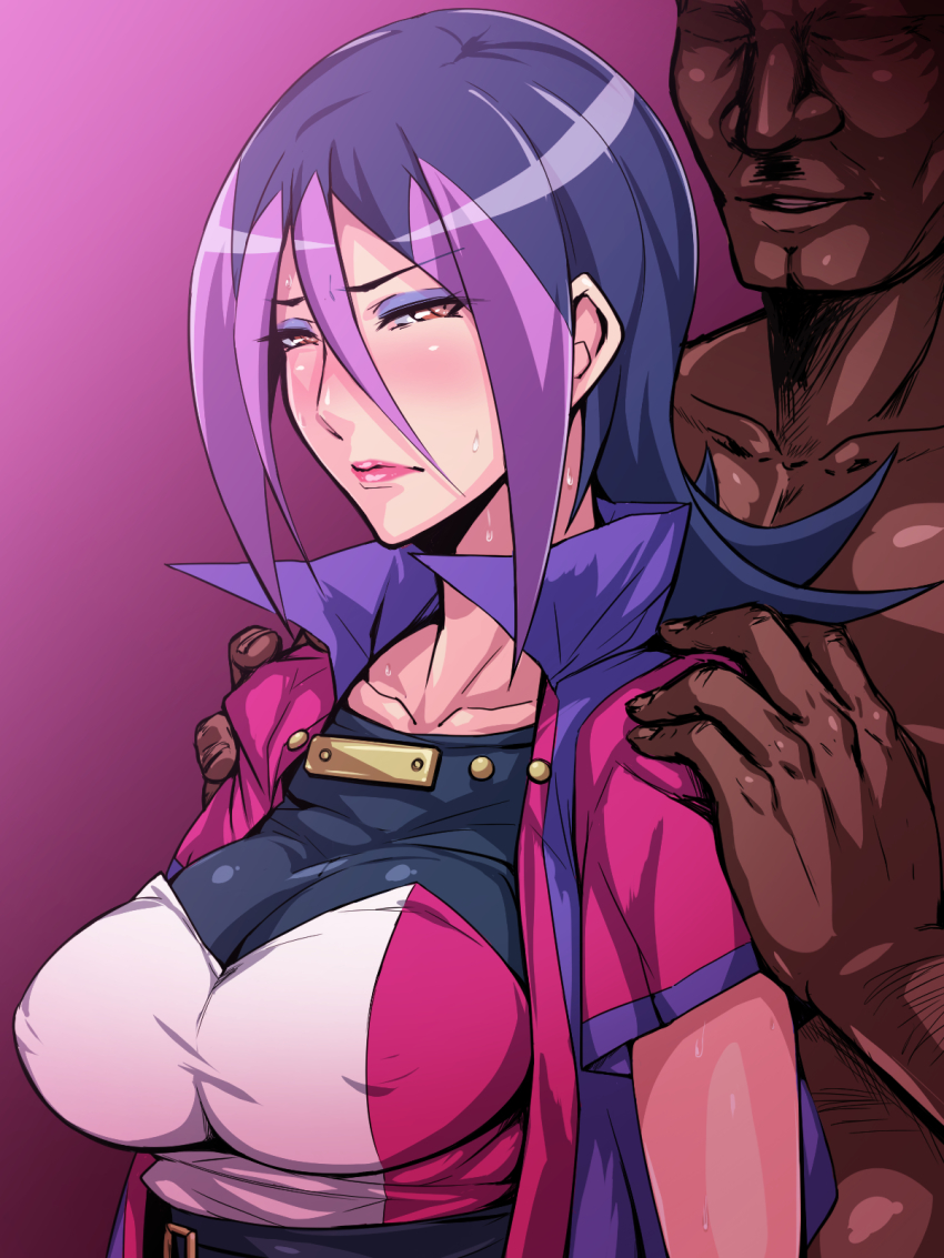 1girl, black_beat, blush, breasts, dark-skinned_male, dark_skin, droite_(yu-gi-oh!), eyeshadow