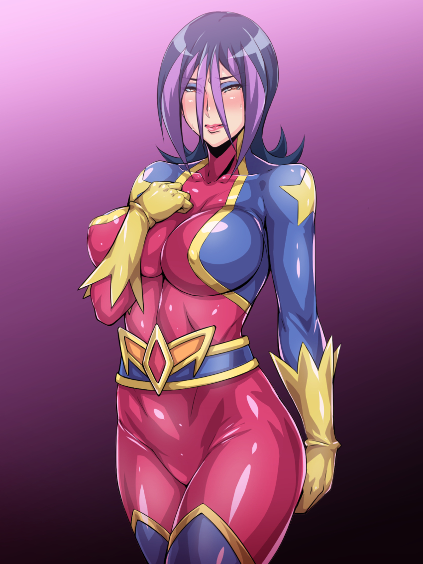 1girl, black_beat, blush, bodysuit, breasts, curvy, droite_(star_voyage)_(yu-gi-oh!), droite_(yu-gi-oh!), female_focus, gloves, highres, large_breasts, lipstick, long_hair, looking_at_viewer, makeup, multicolored_hair, parted_lips, pink_background, shiny_clothes, simple_background, solo, standing, wide_hips, yellow_eyes, yu-gi-oh!, yuu-gi-ou, yuu-gi-ou_zexal