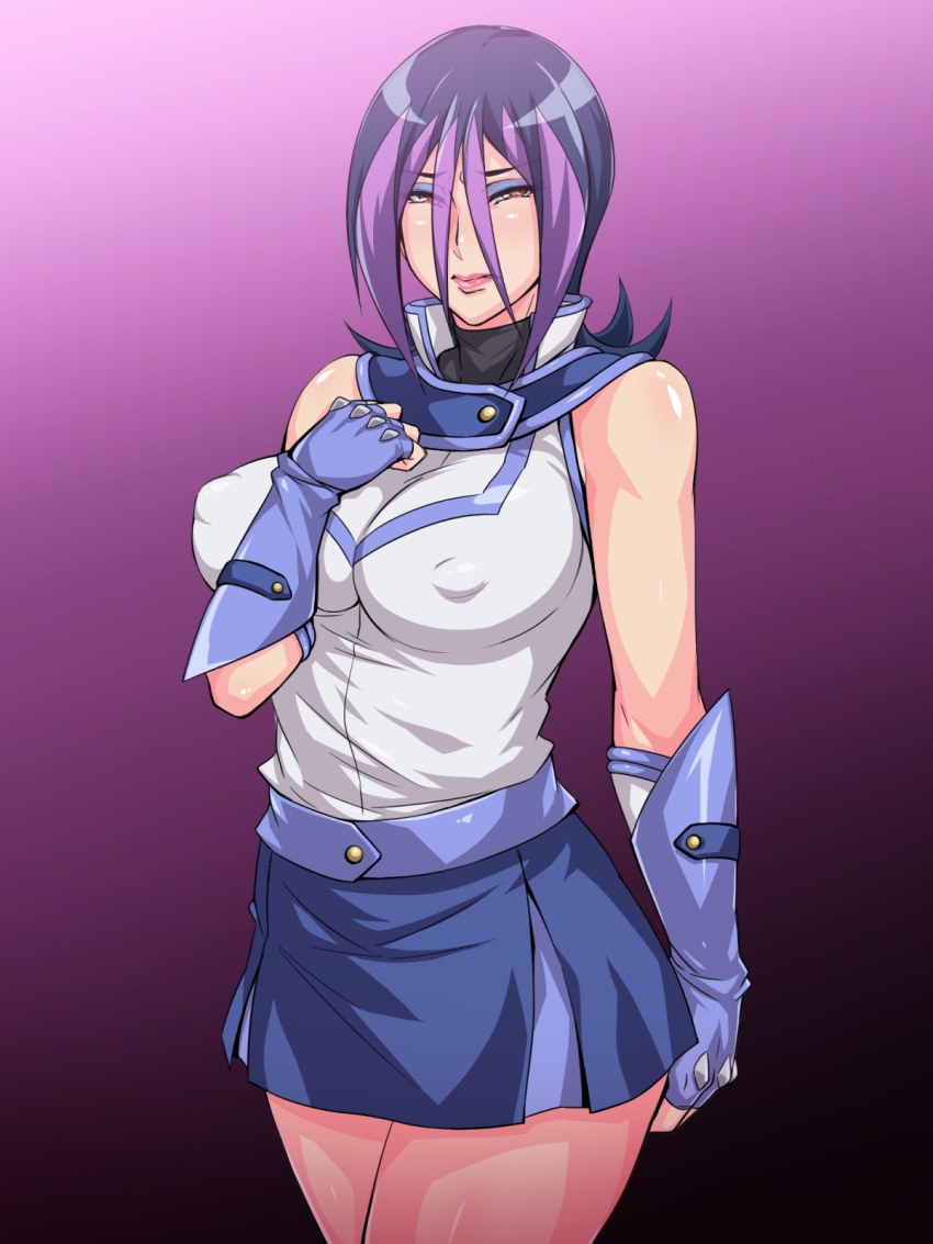 1girl, black_beat, blush, breasts, droite_(yu-gi-oh!), female_focus, gloves, highres, large_breasts, legs, long_hair, looking_at_viewer, makeup, multicolored_hair, pink_background, simple_background, skirt, solo, standing, thighs, yu-gi-oh!, yuu-gi-ou, yuu-gi-ou_zexal