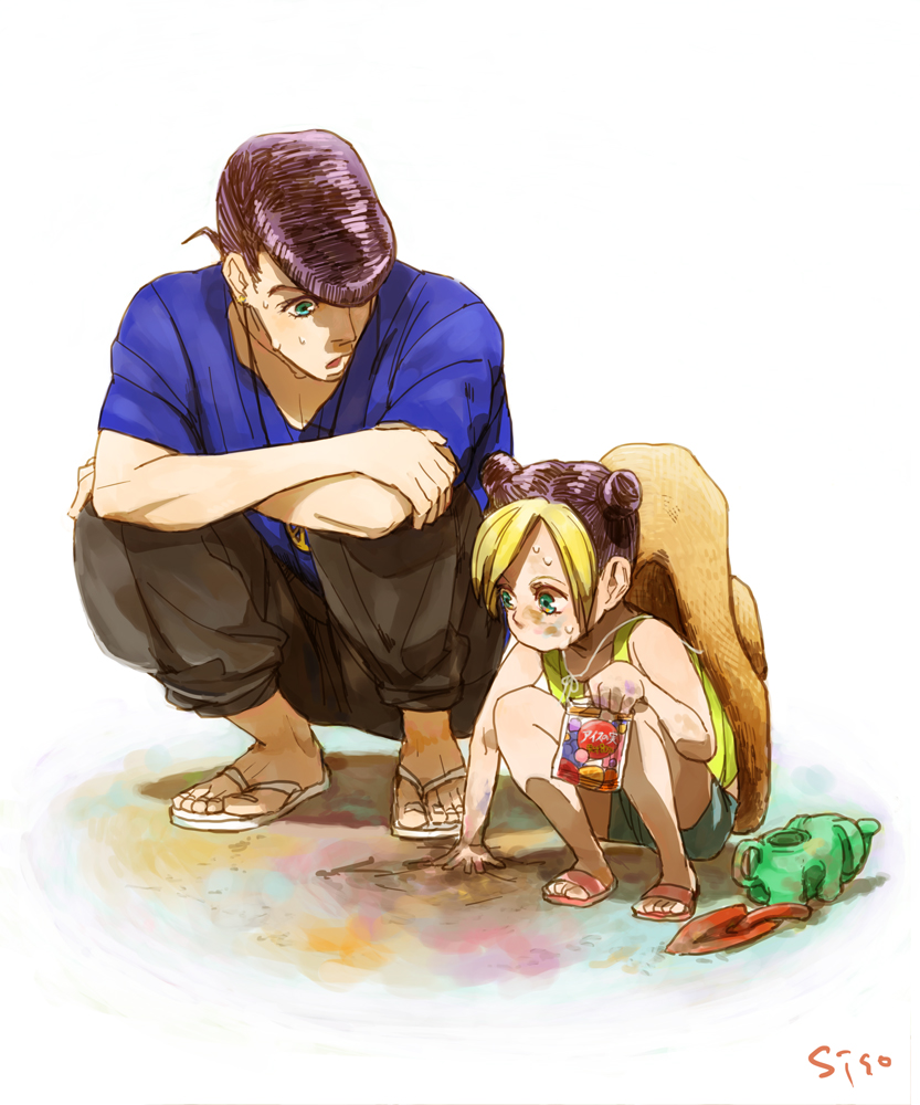 1boy, 1girl, black_hair, blonde_hair, blue_eyes, braid, child, double_bun, family, green_eyes, higashikata_josuke, jojo_no_kimyou_na_bouken, kuujou_jolyne, multicolored_hair, nununu3, pompadour, sandals, shiso_(nununu3), shovel, squatting, summer, sweat, trowel, two-tone_hair, worktool, aged_down