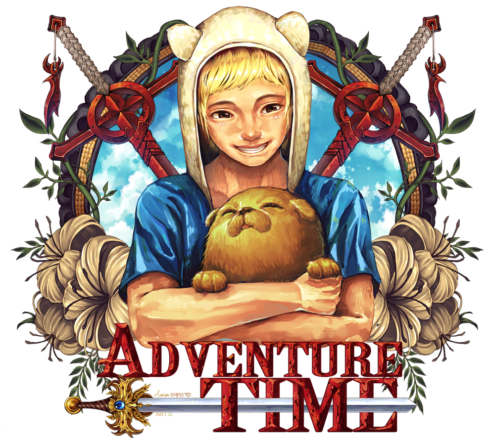 1boy, adventure_time, alternate_hair_length, alternate_hairstyle, animal, animal_ears, animal_hug, bad_id, bad_pixiv_id, blonde_hair, bteele, cartoon_network, child, copyright_name, dog, fake_animal_ears, fantasy, finn_the_human, flower, hat, hood, jake, jake_the_dog, lily_(flower), logo, pet, realistic, sword, weapon