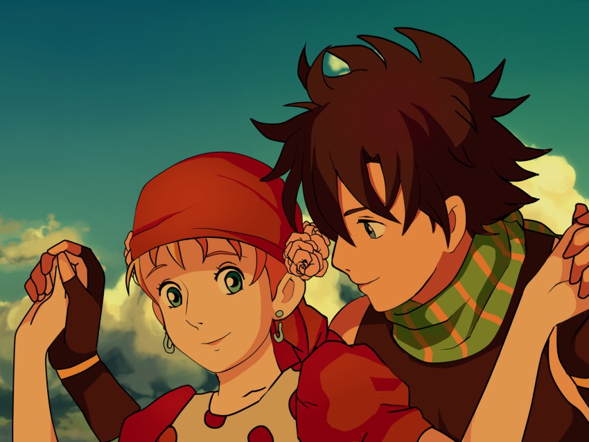 13domon, 1boy, 1girl, bandana, blonde_hair, blue_eyes, brown_hair, couple