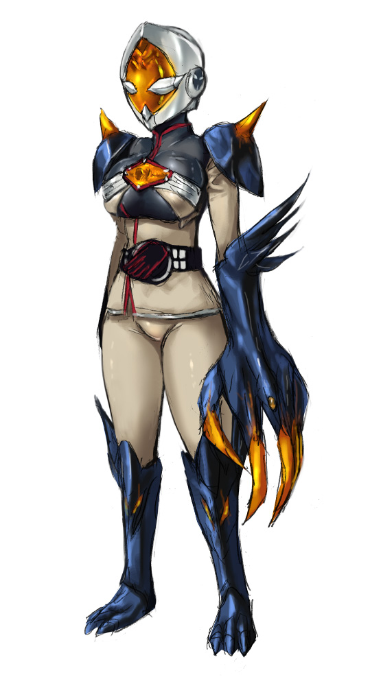 1girl, armor, belt, breasts, claws, female_focus, kamen_rider, kamen_rider_mage, kamen_rider_wizard_(series), mask, shoulder_pads, sketch, solo, spikes, zundarepon