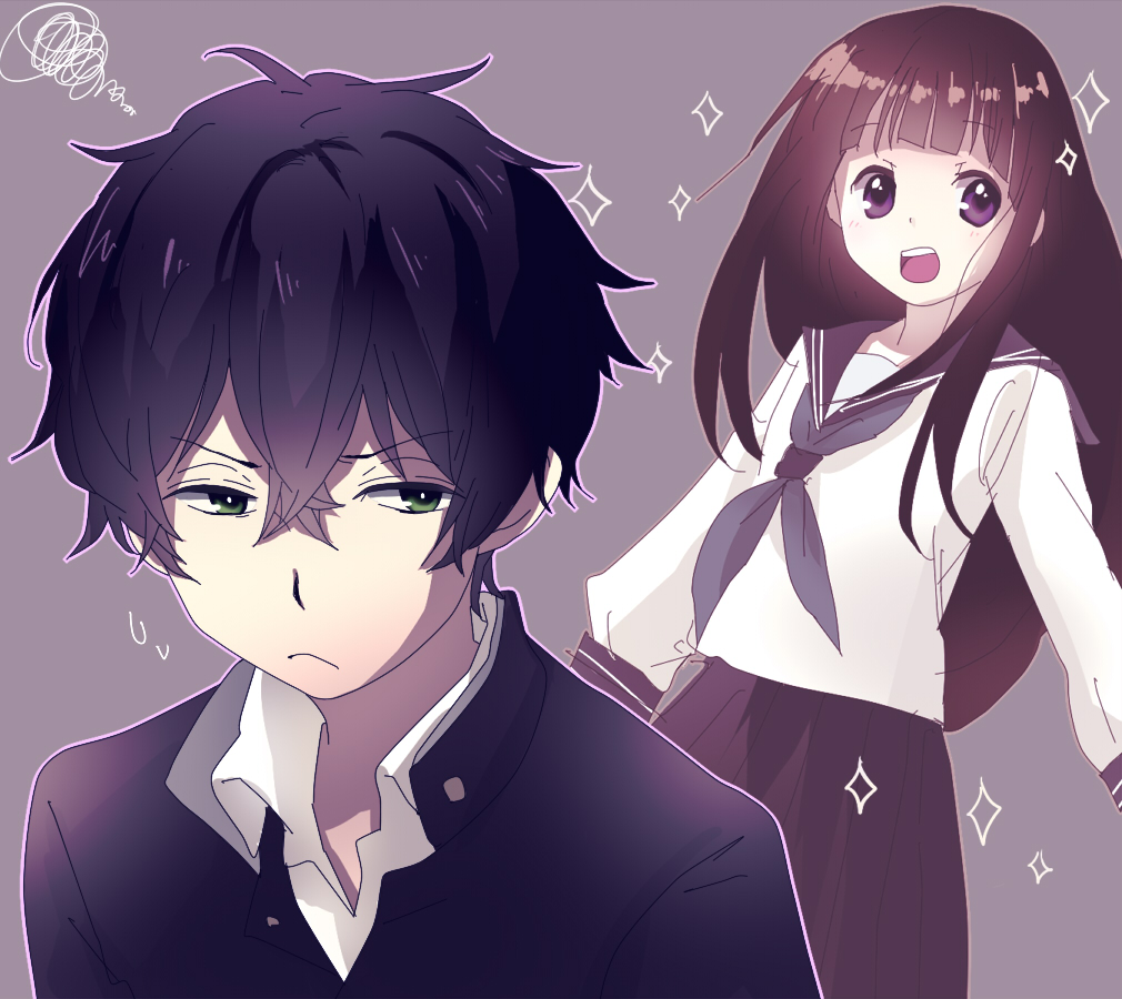 10s, 1boy, 1girl, anyaaki, black_hair, chitanda_eru, green_eyes, hyouka