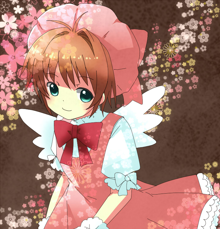 1990s_(style), 1girl, anyaaki, brown_hair, cardcaptor_sakura, dress, floral_background, floral_print, green_eyes, hat, kinomoto_sakura, kinomoto_sakura_(magician), retro_artstyle, ribbon, short_hair, wings