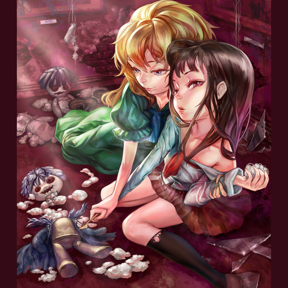 2girls, blonde_hair, brown_hair, collarbone, doll, dress, garry_(ib), green_dress