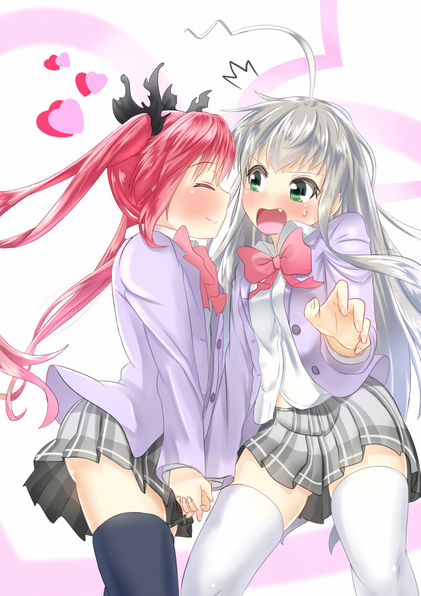 2girls, ahoge, black_legwear, blush, bra-cky, cthugha_(nyaruko-san), closed_eyes, green_eyes