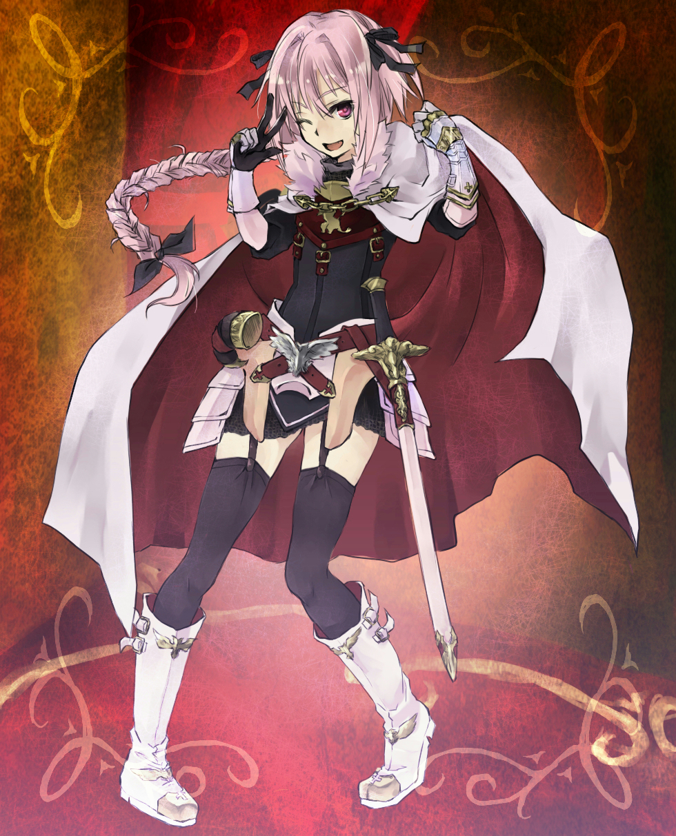1boy, armor, asari_(23feline23), astolfo_(fate), astolfo_(rider)_(fate), boots, braid, cape, fate/apocrypha, fate_(series), garter_straps, gauntlets, hair_ribbon, highres, long_hair, male_focus, one_eye_closed, pink_eyes, pink_hair, ribbon, single_braid, skirt, solo, thighhighs, trap, v, wink