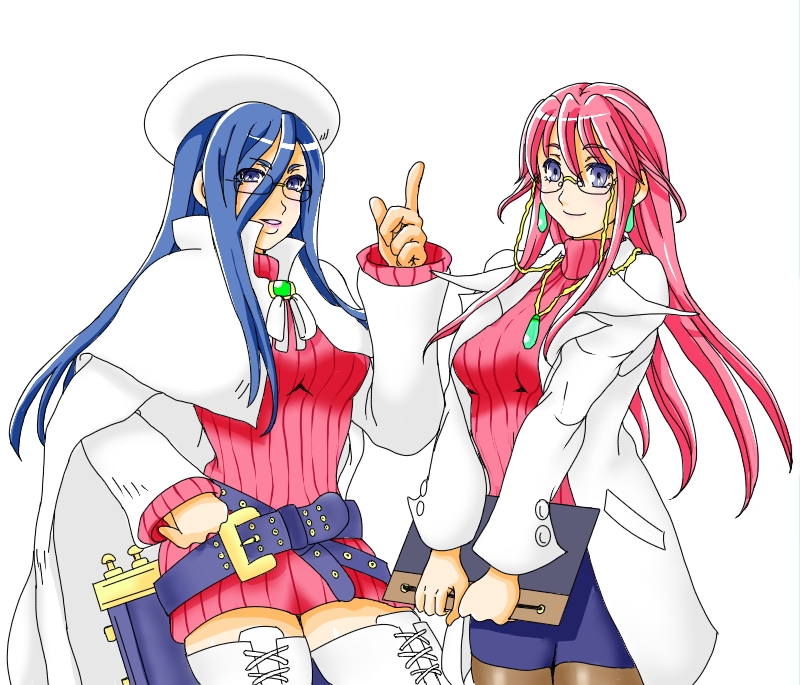 2girls, aty_(summon_night), aty_(summon_night)_(cosplay), belt, belt_skirt, blue_hair, boots, breasts