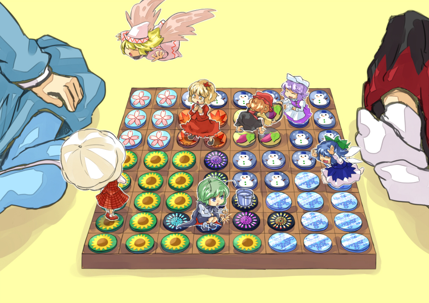 6+girls, aki_minoriko, aki_shizuha, antennae, apron, barefoot, board_game, boots