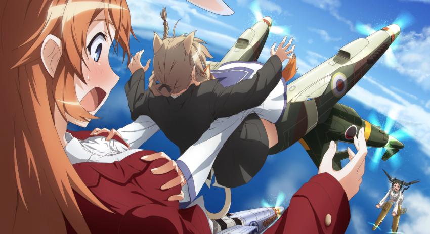 4girls, animal_ears, black_hair, blue_eyes, blush, braid, breasts, brown_hair