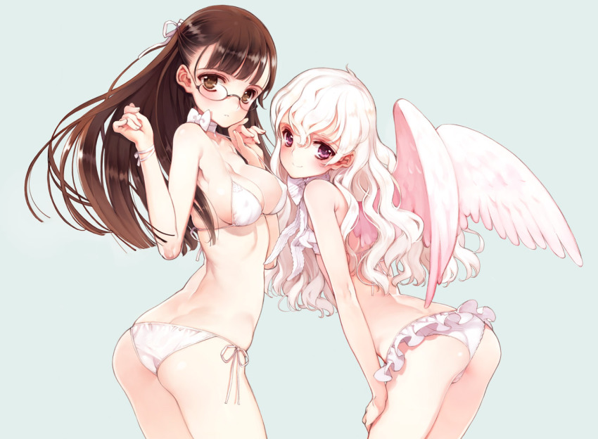 2girls, angel_wings, ass, bikini, blush, breasts, brown_eyes, brown_hair, choker, cleavage, covered_erect_nipples, glasses, koishikawa_kohane, kousaka_hatsumi, littlewitch, long_hair, looking_at_viewer, multiple_girls, ooyari_ashito, period, period_sweet_drops, purple_eyes, side-tie_bikini_bottom, smile, swimsuit, white_bikini, white_hair, white_wings, wings