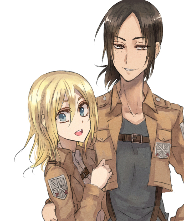 2girls, :d, black_hair, blonde_hair, krista_lenz, freckles, hair_between_eyes, jacket, multiple_girls, open_mouth, pepe_(jonasan), pepe_(jonasan3rd), shingeki_no_kyojin, smile, white_background, ymir_(shingeki_no_kyojin)