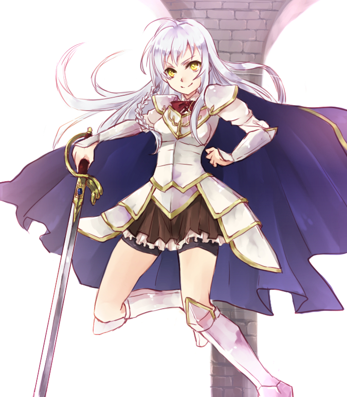 1girl, ahoge, armor, asari_(23feline23), boots, bow, bowtie, braid, breastplate, emilia_justina, greaves, green_eyes, hataraku_maou-sama!, pauldrons, shoulder_armor, silver_hair, smile, sword, weapon, yellow_eyes, yusa_emi