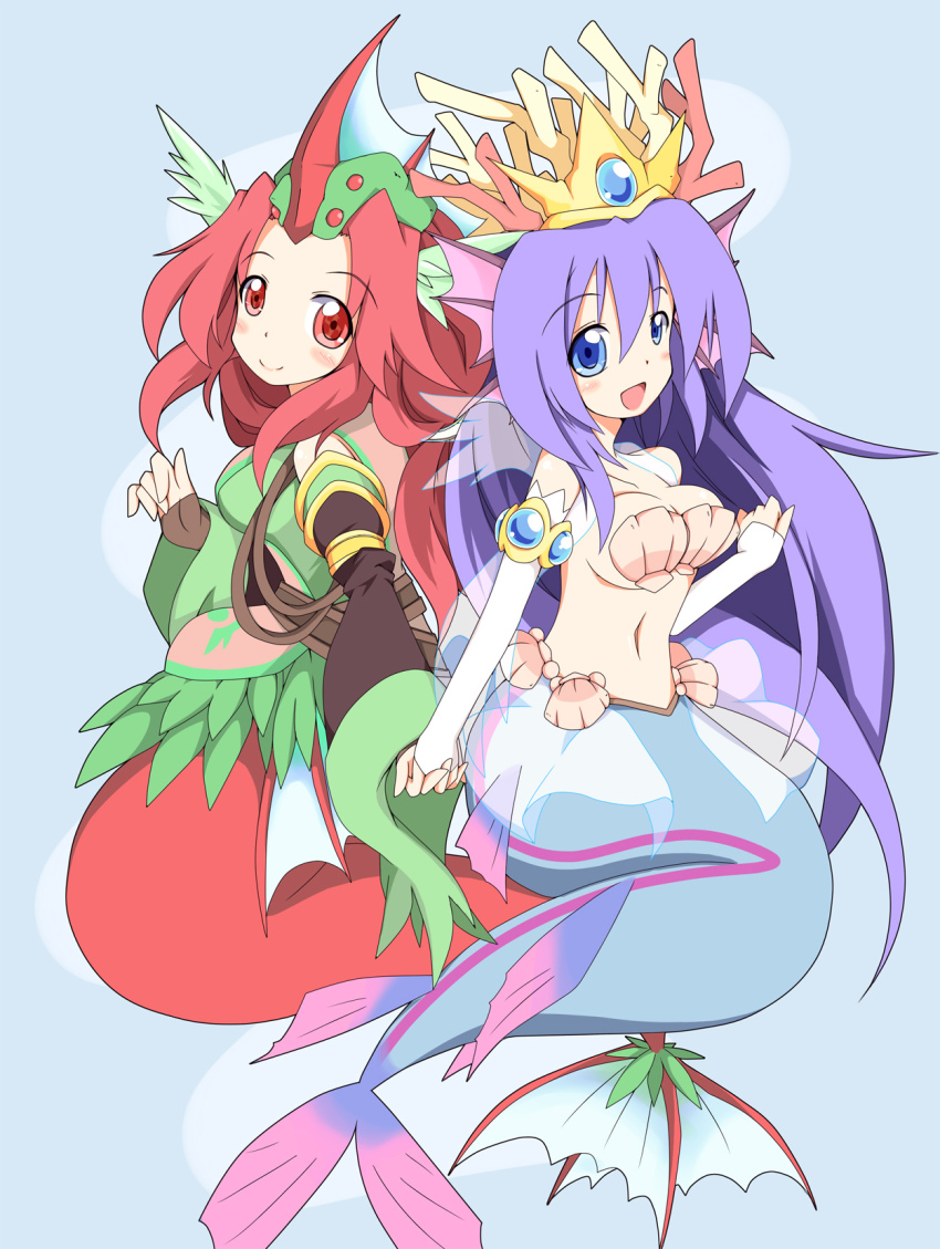 2girls, bikini, blue_eyes, bridal_gauntlets, crossover, duel_monster, evigishki_merrowgeist, headdress, highres, mermaid, monster_girl, multiple_girls, nanashino_(nanasino101), own_hands_clasped, own_hands_together, purple_hair, puzzle_&amp;_dragons, red_eyes, red_hair, shell, shell_bikini, siren_(p&amp;d), yu-gi-oh!