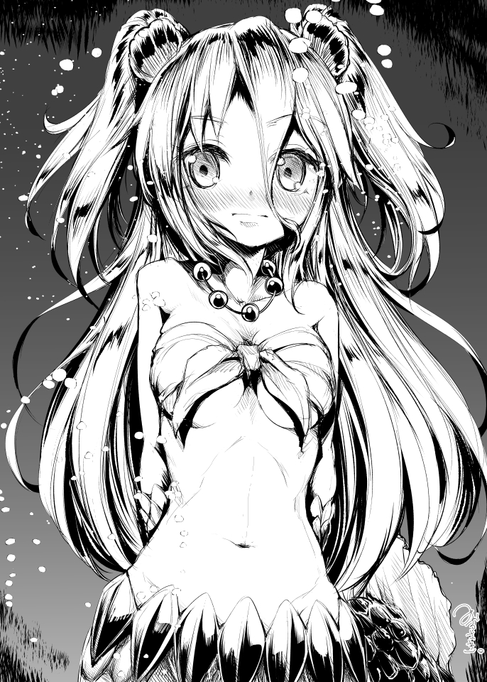 1girl, bad_id, bad_pixiv_id, blush, breasts, bubble, clam, cleavage, collarbone, female_focus, greyscale, hair_ornament, long_hair, medium_breasts, mermaid, mizusaki_(tengoku), monochrome, monster_girl, muromi-san, namiuchigiwa_no_muromi-san, navel, seashell, shell, solo, tengoku, twintails, underwater, very_long_hair