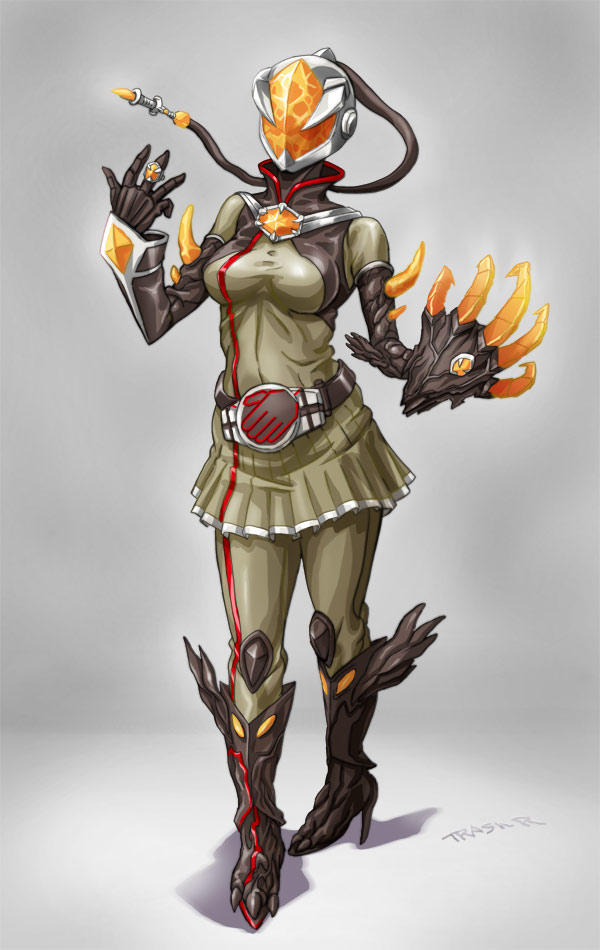 1girl, adapted_costume, armor, belt, boots, breasts, claws, female_focus, high_heels, huujyu, jewelry, kamen_rider, kamen_rider_mage, kamen_rider_wizard_(series), mask, medium_breasts, ring, shoes, skirt, solo, spikes