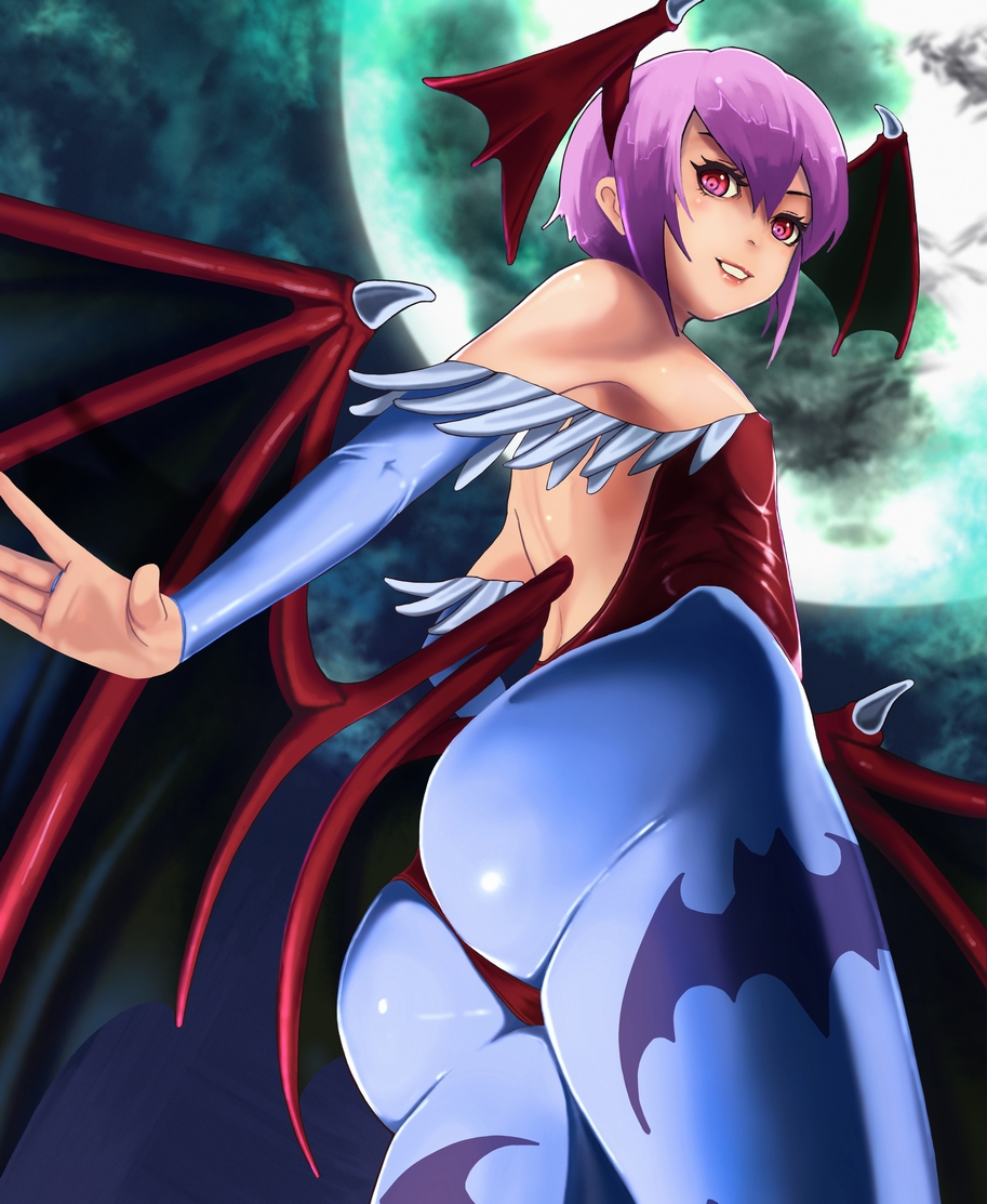 1girl, animal_print, ass, bare_shoulders, bat_print, bridal_gauntlets, capcom, cloud