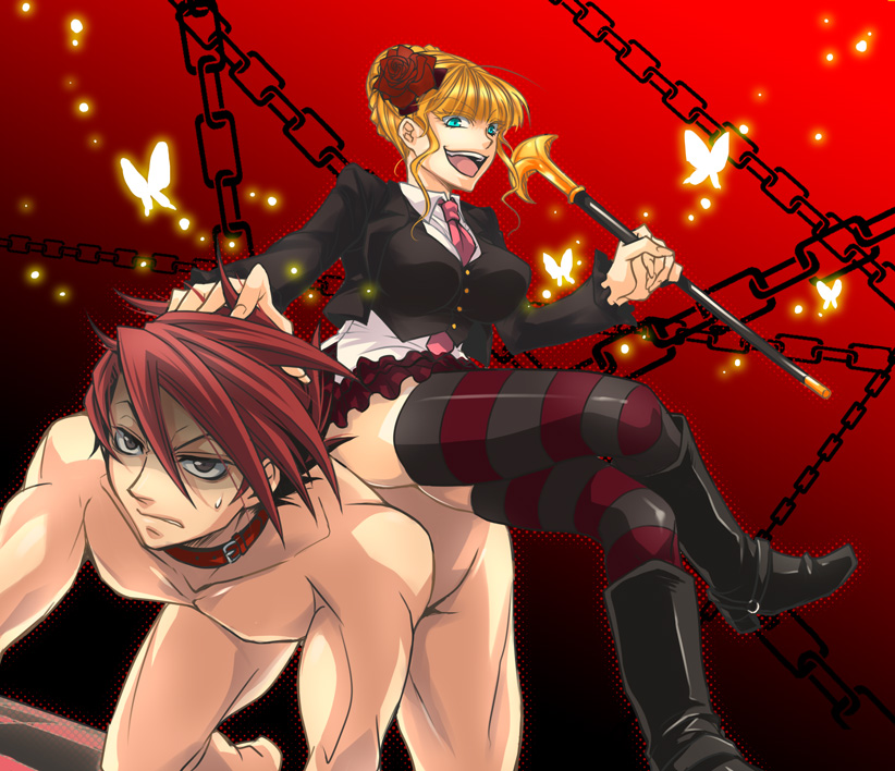 1boy, 1girl, all_fours, bdsm, beatrice_(umineko), blonde_hair, blue_eyes, boots, bug, butterfly, cane, chain, clothed_female_nude_male, collar, crossed_legs, femdom, flower, grey_eyes, hair_bun, hair_flower, hair_ornament, hand_in_own_hair, human_chair, human_furniture, humiliation, insect, necktie, nude, red_hair, rose, shaded_face, single_hair_bun, sitting, sitting_on_person, skirt, sousui_hani, striped_clothes, striped_thighhighs, sweat, thighhighs, turn_of_the_golden_witch, umineko_no_naku_koro_ni, ushiromiya_battler