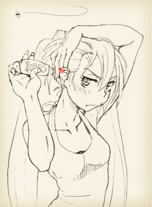 1girl, :>, anger_vein, angry, bare_shoulders, bug, female_focus, flying