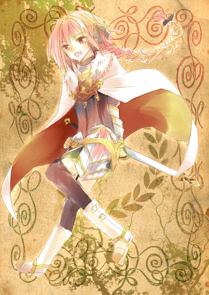 1boy, armor, astolfo_(fate), astolfo_(rider)_(fate), black_legwear, boots, braid, cape