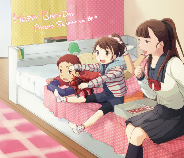 10s, 1boy, 2girls, aged_down, bed, bike_shorts, black_socks, blue_dress