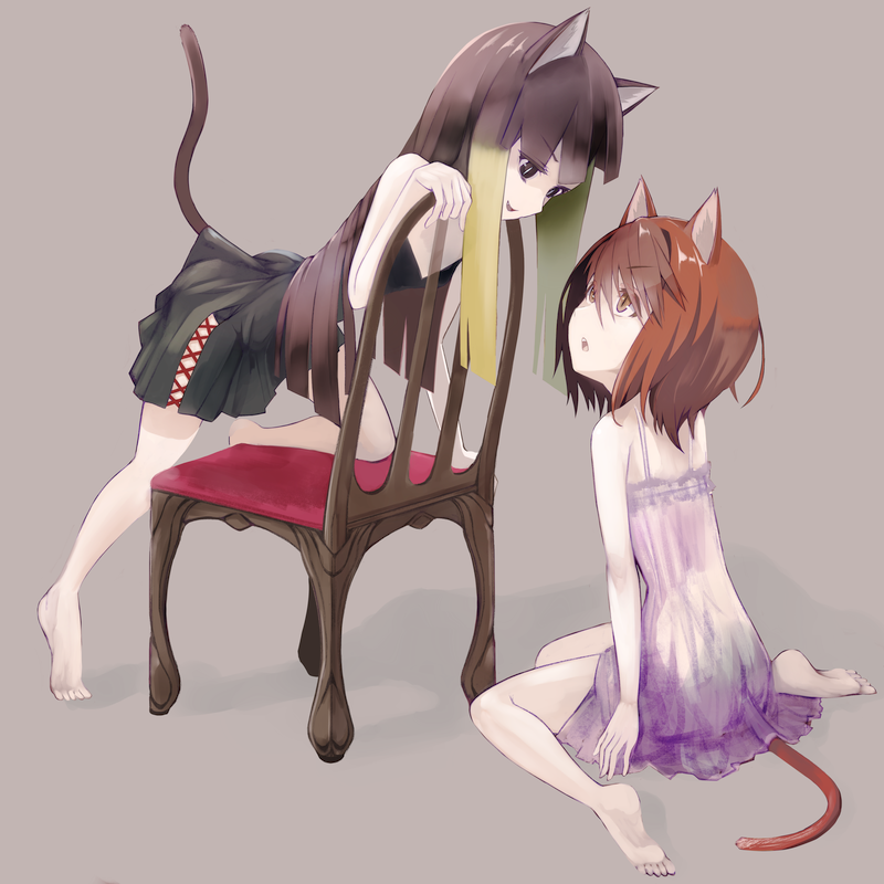 2girls, animal_ears, bad_id, bad_pixiv_id, barefoot, black_eyes, brown_eyes, brown_hair