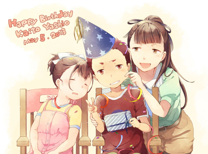 10s, 1boy, 2girls, belt, brown_eyes, brown_hair, character_name, cheek_pinching