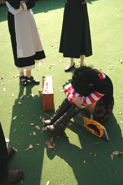 1boy, 3girls, black_lagoon, boots, chainsaw, cosplay, dress, east_asian