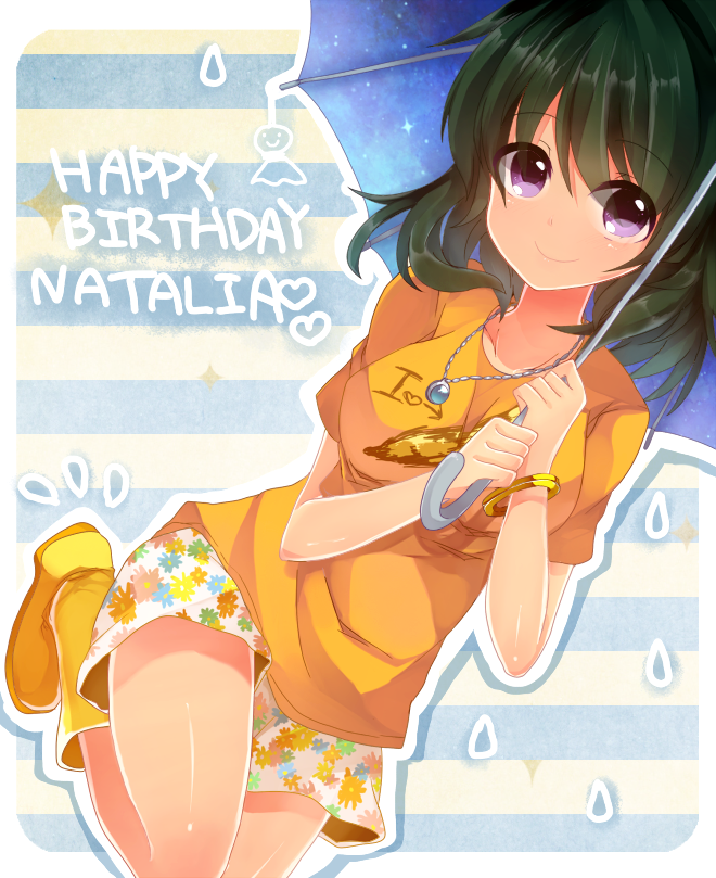 10s, 1girl, bad_id, bad_pixiv_id, boots, bracelet, character_name, dark-skinned_female, dark_skin, female_focus, happy_birthday, idolmaster, idolmaster_cinderella_girls, jewelry, natalia_(idolmaster), necklace, pekora_(evening_twilight), purple_eyes, rubber_boots, shirt, shorts, smile, solo, t-shirt, tan, umbrella