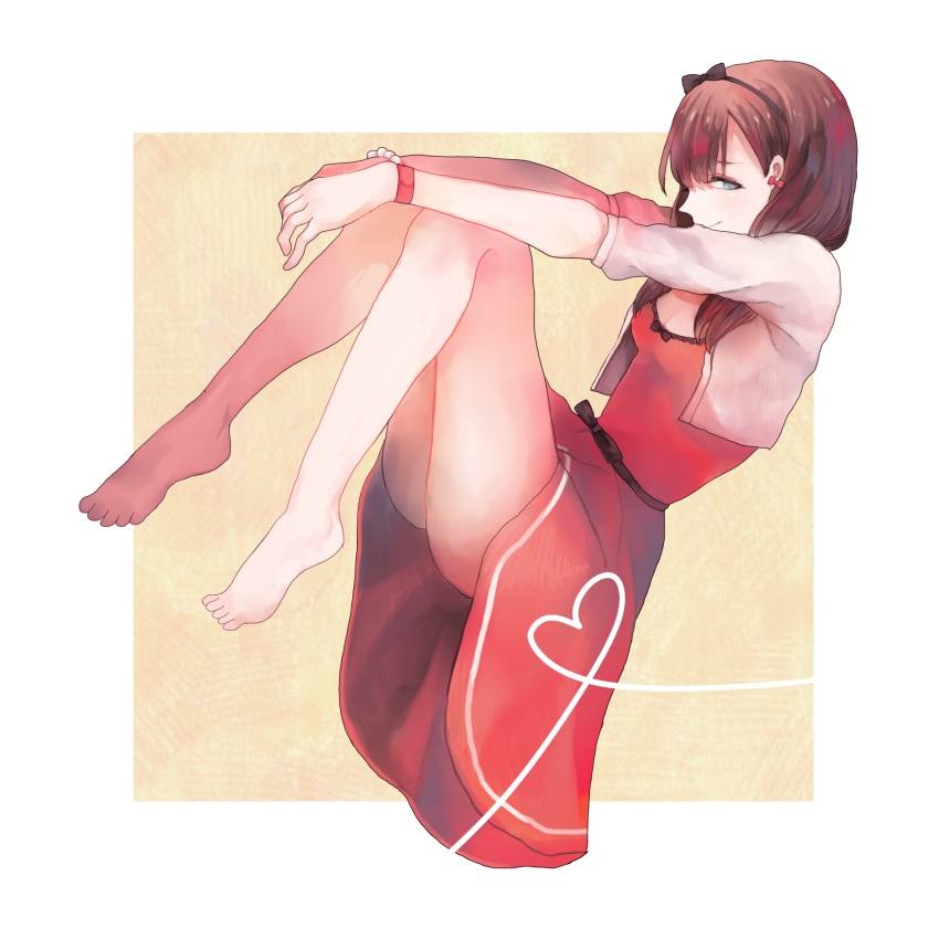 10s, 1girl, bare_legs, blue_eyes, brown_hair, chinosuke_(o_j_o_p), dress, earrings