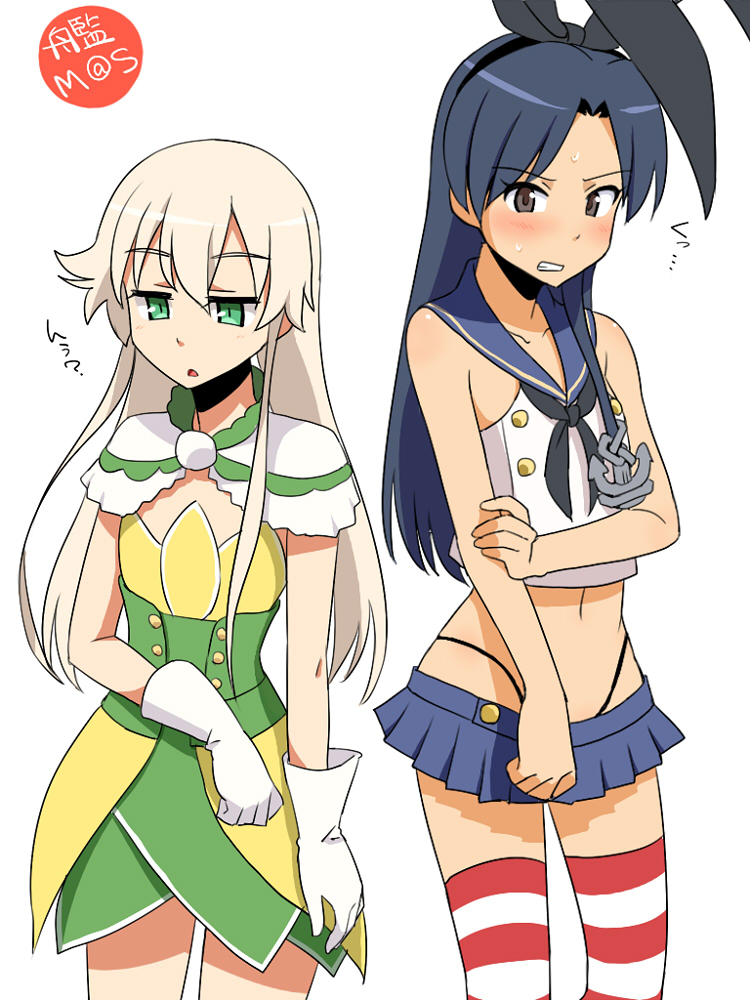 2girls, anchor, anchor_hair_ornament, bare_shoulders, black_panties, blonde_hair, blue_hair, blush