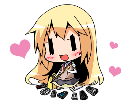 1girl, :d, bag, blonde_hair, blush, chain, chibi, controller