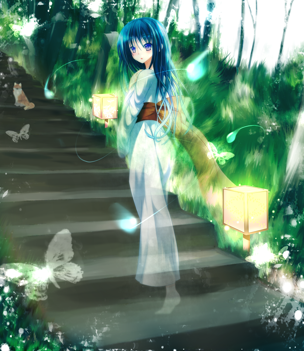 1girl, blue_eyes, blue_hair, bug, butterfly, female_focus, fox, ghost