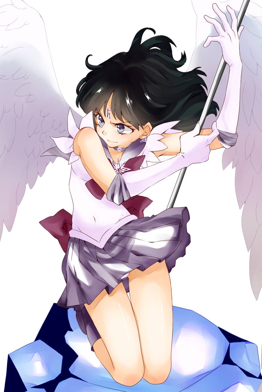 1990s_(style), 1girl, bishoujo_senshi_sailor_moon, black_hair, boots, bow, brooch, choker, covered_navel, earrings, elbow_gloves, facial_mark, female_focus, forehead_mark, full_body, gloves, highres, jewelry, kneeling, magical_girl, panties, pantyshot, purple_bow, purple_eyes, purple_skirt, retro_artstyle, sailor_collar, sailor_saturn, saturn_symbol, serious, short_hair, skirt, solo, staff, star_brooch, tomoe_hotaru, underwear, upskirt, white_background, white_gloves, white_panties, wings, yoshika_(draw-happy-picture)