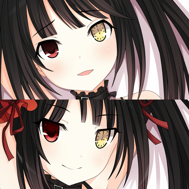 10s, 1girl, black_hair, clock_eyes, date_a_live, female_focus, hair_ribbon, heterochromia, loading_(verjuice), red_eyes, ribbon, smile, solo, symbol-shaped_pupils, tokisaki_kurumi, yellow_eyes