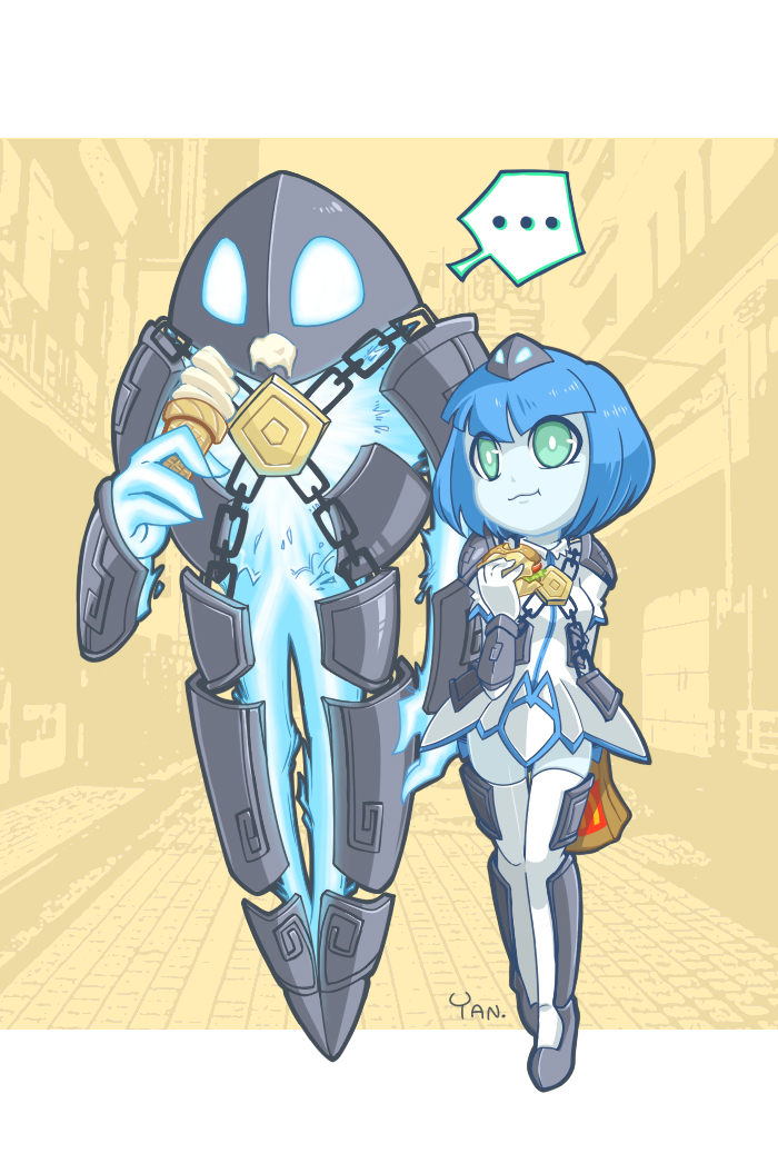 1girl, blue_eyes, blue_hair, burger, dual_persona, eating, food, gender_request