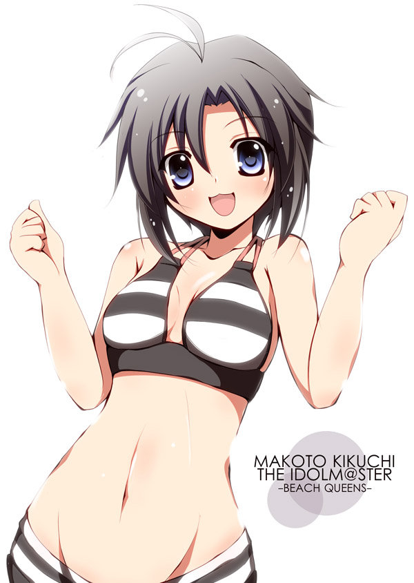 1girl, :3, antenna_hair, bad_id, bad_pixiv_id, bikini, black_hair, blue_eyes, blush, character_name, clenched_hand, clenched_hands, collarbone, copyright_name, female_focus, groin, idolmaster, idolmaster_(classic), kikuchi_makoto, navel, open_mouth, saga_taichi, short_hair, solo, swimsuit, white_background