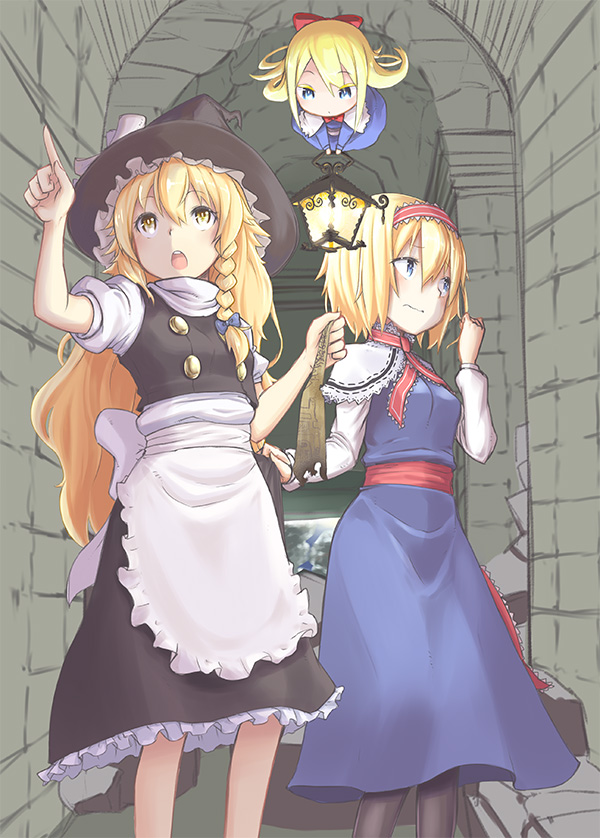 2girls, alice_margatroid, bad_id, bad_pixiv_id, black_legwear, blonde_hair, blue_eyes, blush