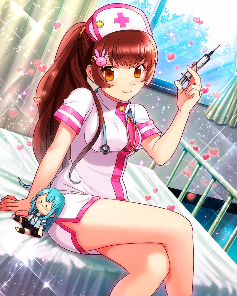 1girl, bed, brown_hair, crossed_legs, ensemble_girls!, female_focus, hat, head, heart, legs, long_hair, natsuno_yuri, nurse, nurse_cap, official_art, orange_eyes, ponytail, sitting, smile, solo, syringe, watermark