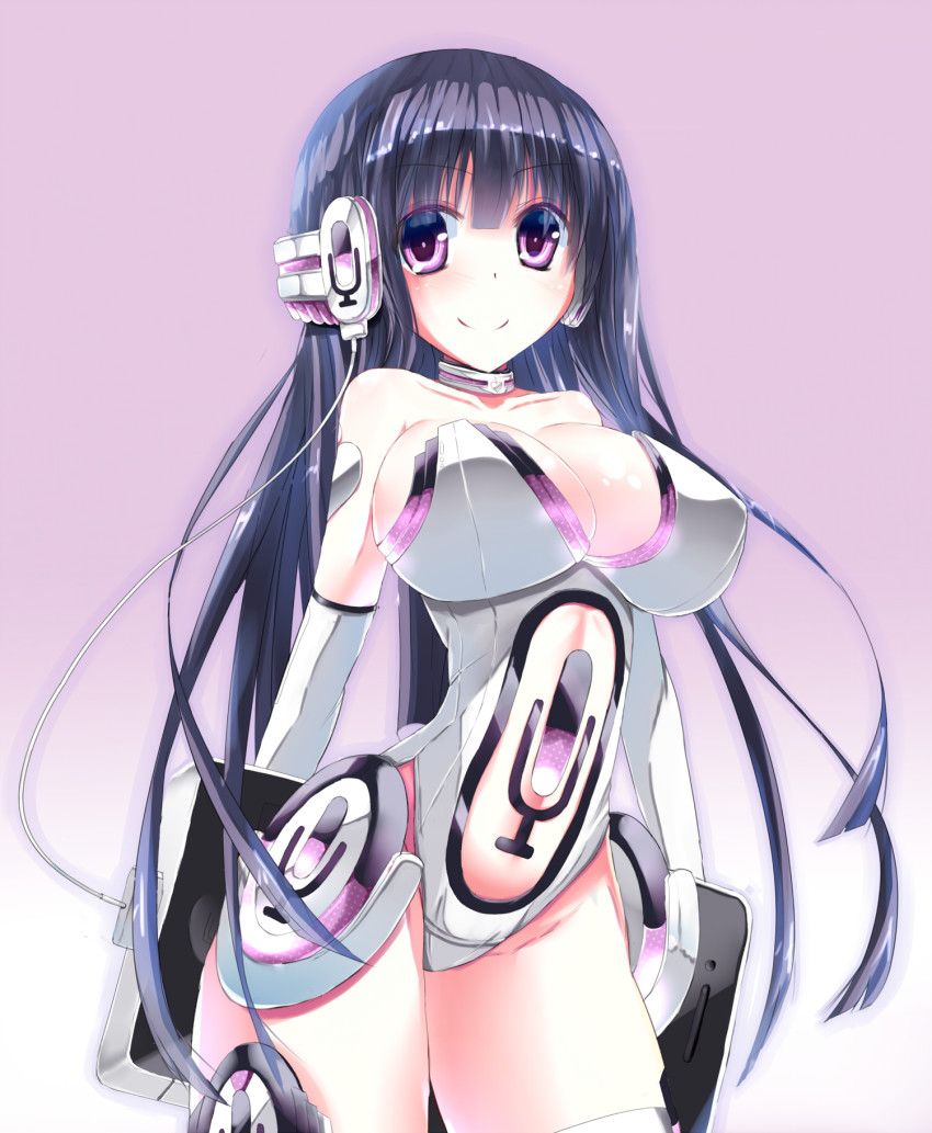 1girl, ajikan_(azican), apple_inc., bad_id, bad_nicoseiga_id, black_hair, blush, bodysuit, breasts, cable, cleavage, collarbone, mp3_player, female_focus, gradient_background, headphones, highres, large_breasts, long_hair, narrow_waist, personification, purple_eyes, simple_background, siri, smile, solo, thighhighs
