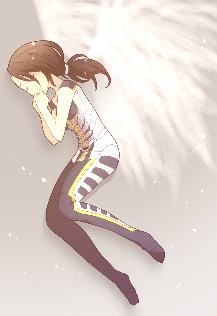 1girl, angel_(borderlands), black_hair, borderlands_(series), borderlands_2, female_focus, hanamsky, long_hair, ponytail, sleeping, solo, wings