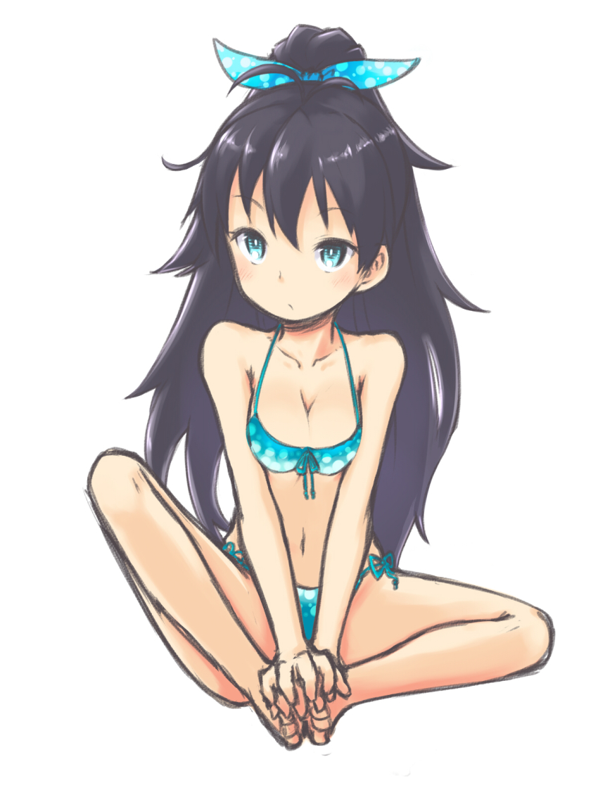1girl, barefoot, bikini, black_hair, blue_eyes, feet, feet_together, female_focus, ganaha_hibiki, hands_on_feet, high_ponytail, highres, idolmaster, idolmaster_(classic), long_hair, motorii, navel, ponytail, ribbon, solo, swimsuit