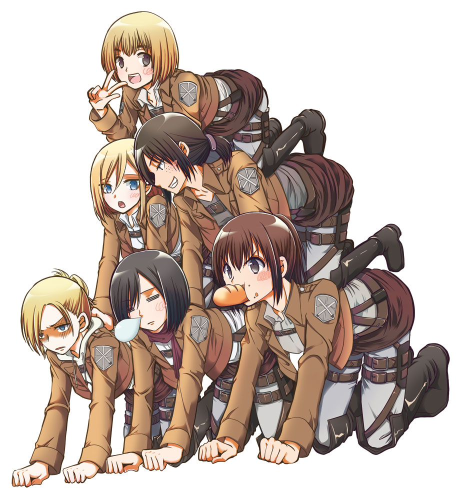 1boy, 5girls, ajiichi, all_fours, annie_leonhart, armin_arlert, bad_id, bad_pixiv_id, belt, black_hair, blonde_hair, blue_eyes, blush_stickers, boots, bread, brown_hair, bubble, clenched_hands, collarbone, eating, food, freckles, grey_eyes, grin, krista_lenz, long_sleeves, mikasa_ackerman, multiple_girls, open_mouth, ponytail, pyramid_(structure), sasha_blouse, scarf, shingeki_no_kyojin, short_hair, simple_background, sitting, smile, v, white_background, ymir_(shingeki_no_kyojin)