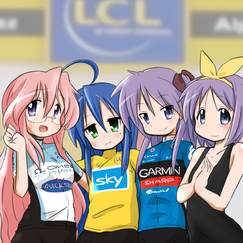 4girls, bad_id, bad_pixiv_id, bike_jersey, blue_eyes, blue_hair, glasses, green_eyes