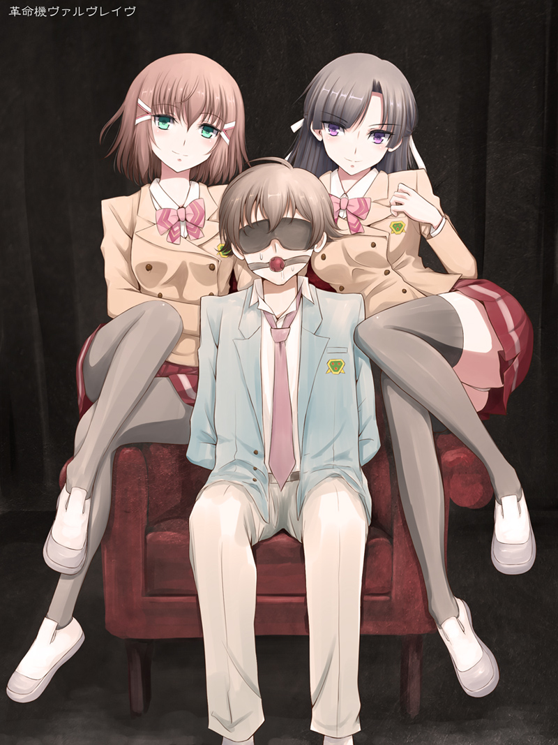 10s, 1boy, 2girls, bdsm, black_hair, black_legwear, brown_hair, chair, cloud, covered_eyes, crossed_legs, femdom, green_eyes, kakumeiki_valvrave, multiple_girls, necktie, niwatori_kokezou, on_chair, pantyhose, pleated_skirt, purple_eyes, rukino_saki, sashinami_shouko, school_uniform, sitting, skirt, striped_clothes, striped_skirt, thighhighs, tokishima_haruto, upskirt