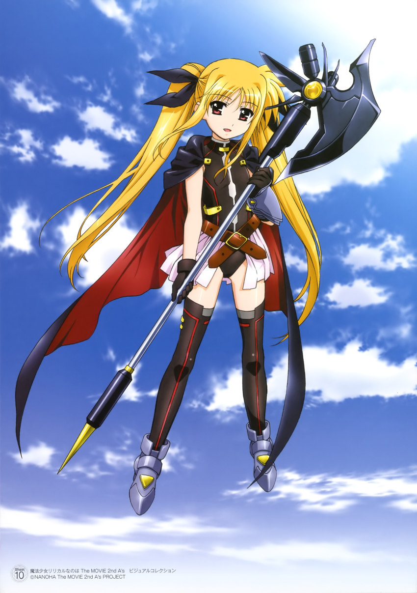 1girl, absurdres, bardiche_(bullova_form)_(nanoha), bardiche_(nanoha), black_thighhighs, blonde_hair, cloud, day