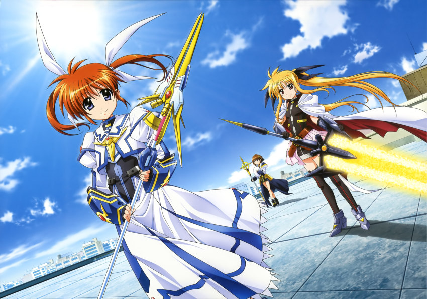 3girls, absurdres, bardiche_(nanoha), bardiche_(zanber_form)_(nanoha), blonde_hair, blue_eyes, brown_hair, cloud, day, fate_testarossa, fate_testarossa_(blaze_form), fingerless_gloves, gloves, highres, long_hair, lyrical_nanoha, magazine_(weapon), mahou_shoujo_lyrical_nanoha, mahou_shoujo_lyrical_nanoha_a's, mahou_shoujo_lyrical_nanoha_the_movie_2nd_a's, multiple_girls, non-web_source, official_art, okuda_yasuhiro, raising_heart, raising_heart_(exelion_mode)_(2nd), red_eyes, short_twintails, sky, smile, sun, takamachi_nanoha, takamachi_nanoha_(exelion_mode), thighhighs, twintails, very_long_hair, waist_cape, yagami_hayate, zettai_ryouiki